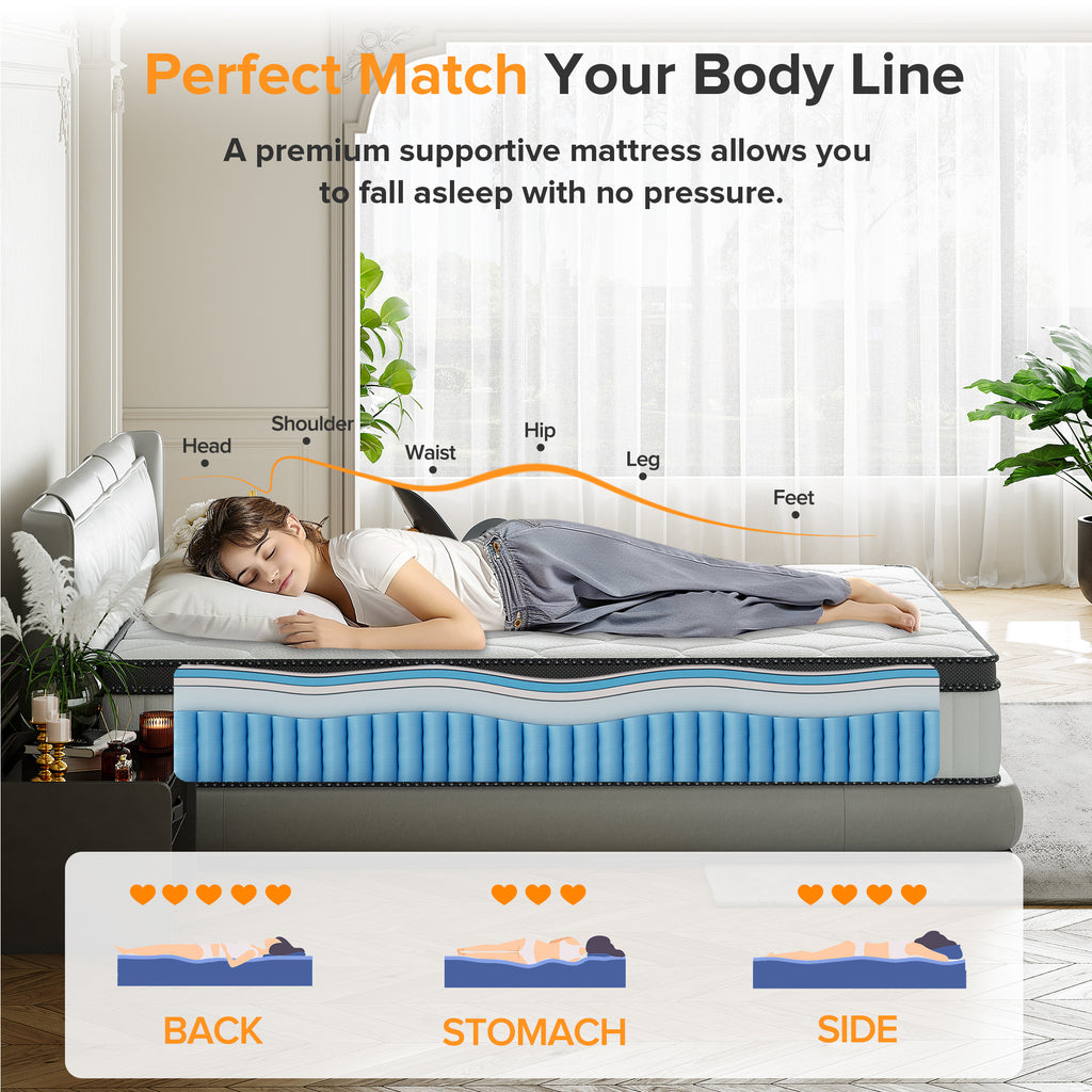 Babo Care Full Mattress, 10 inch Full Hybrid Mattress in a Box, Gel Memory Foam with Individually Wrapped Pocket Coils, Anti Pilling Fabric, Medium Firm, Pressure Relief, Cooling Sleep Support