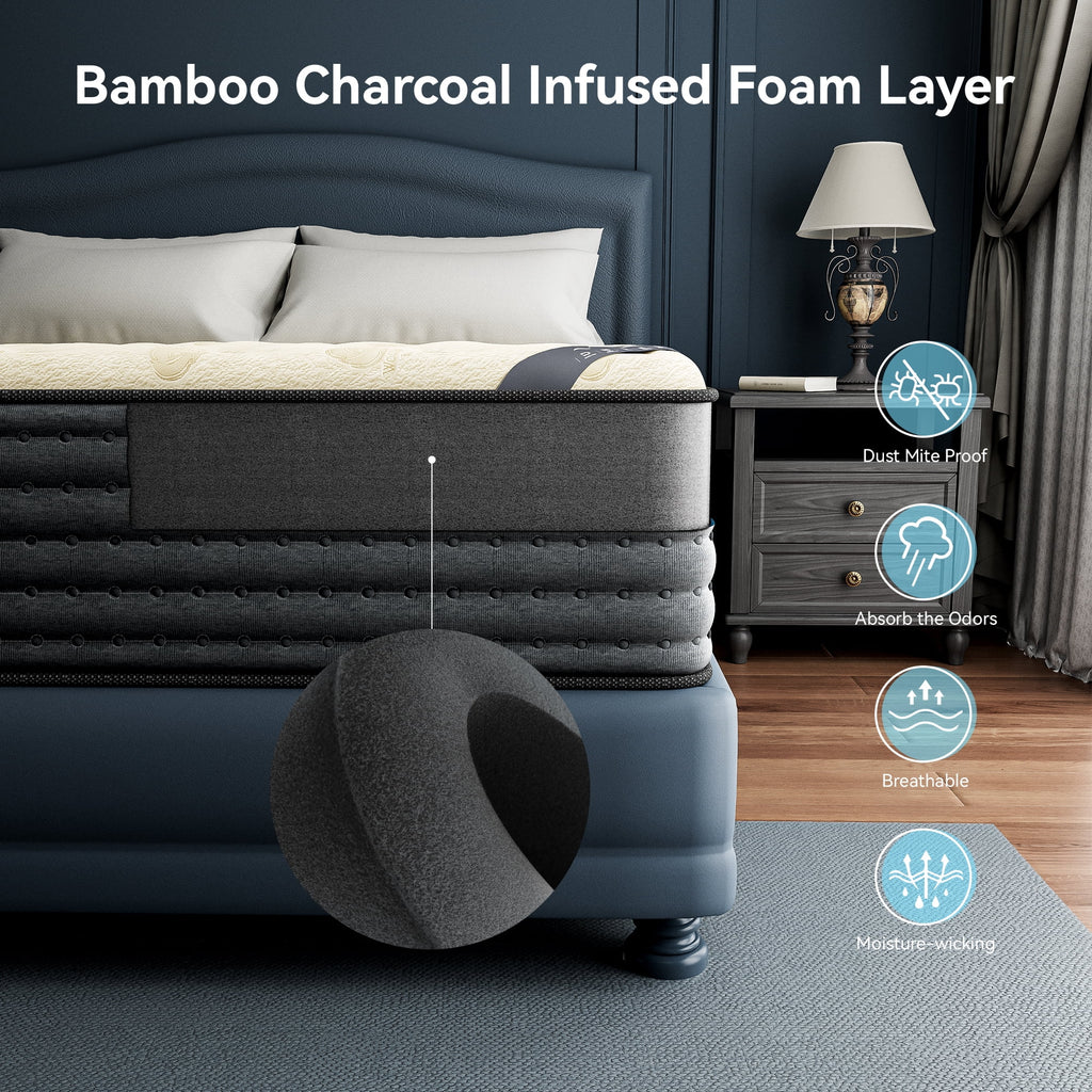 Babo Care Cal King Size Hybrid Mattress,14 Inch Double Sided with Cooling Gel Memory Foam and Pocket Spring Mattress in a Box, Motion Isolation & Pressure Relief,CertiPUR-US